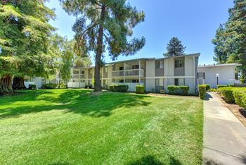 Apartment Exterior with Large Grass Area, Apartment Exteriors and Trees at Renaissance Park Apartments, California